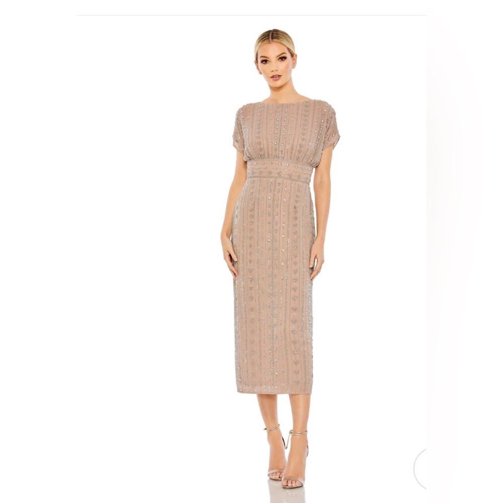 BEADED CAP SLEEVE COLUMN MIDI DRESS